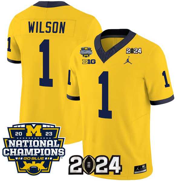 Mens Michigan Wolverines #1 Roman Wilson Yellow 2024 F.U.S.E. With 2023 National Champions Patch Stitched Jersey->->NCAA Jersey